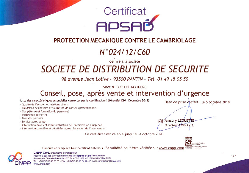 Certification Apsad A2P services